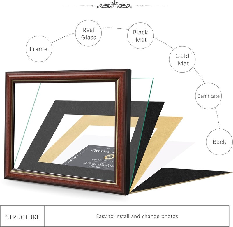 Picrit 11x14 Mahogany Diploma Frame with Tempered Glass, Display 8.5x11 Certificate with Black over Gold Mat, Degree Document Frame with Gold Rim for Wall and Tabletop, 1 Pack - Image 3